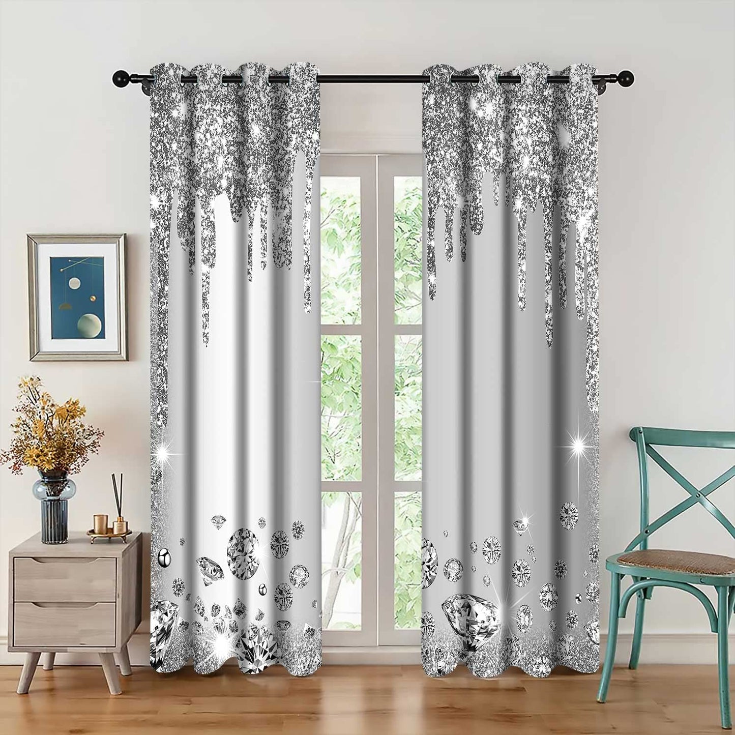 MIZSYE Sparkling Diamond Curtains Silver Shiny Drips Wall Decoration Inspiration Aart Blackout Curtains for Bedrooms Living Rooms Girls Bedroom 2 Panels 42x84inch CLZYMS52