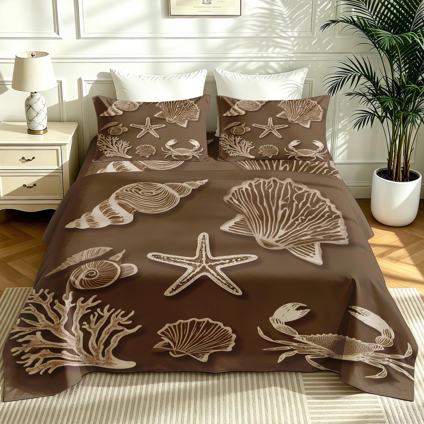 Seashell Full Sheet Set 4 Pcs Brown Coastal Bed Sheets