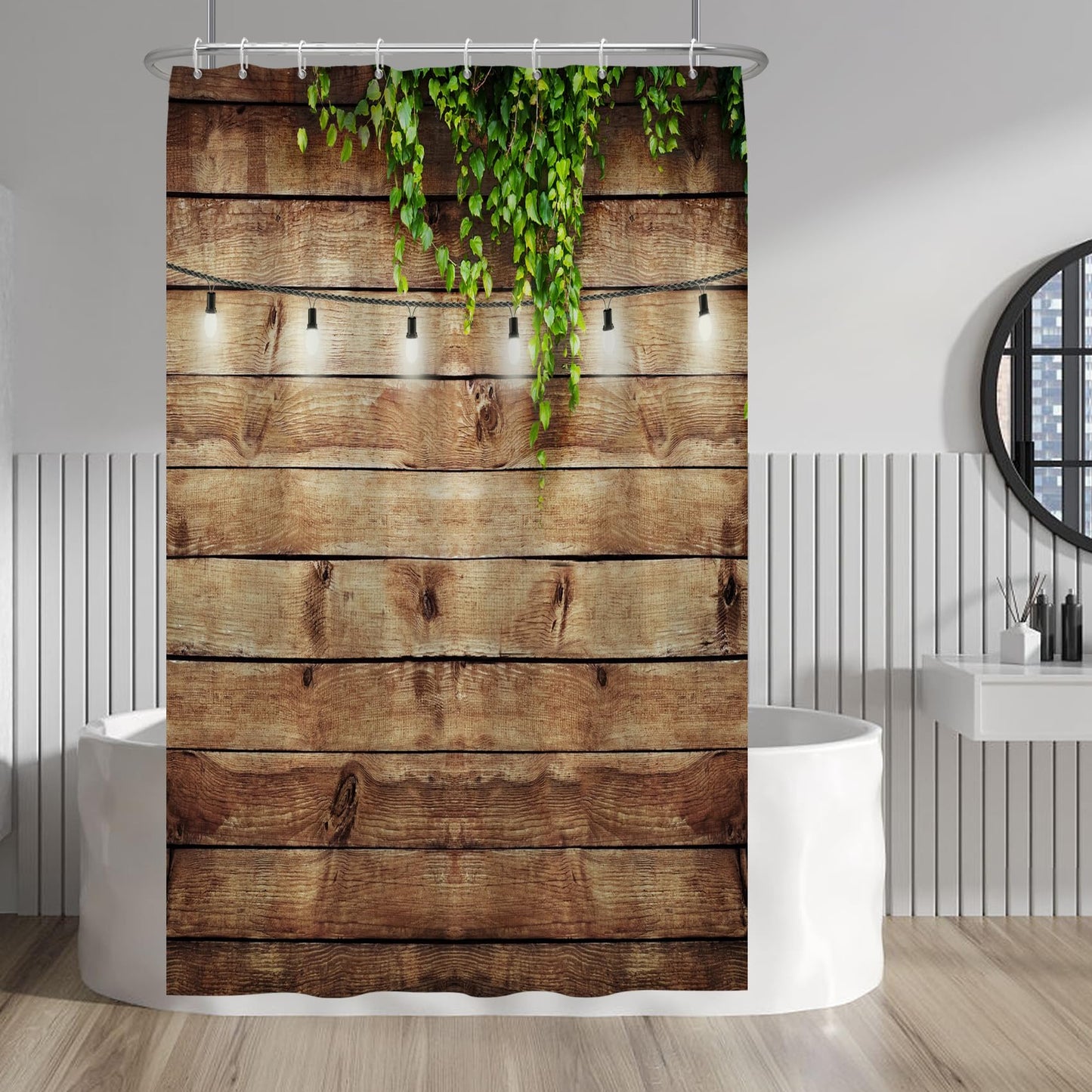 Baocicco Rustic Wooden Board Shower Curtain Brown Barn Wood White Light Bulb Green Leaves Shower Curtains Decorative for Bathroom Waterproof Fabric Shower Curtain with Hooks 36x72 Inches