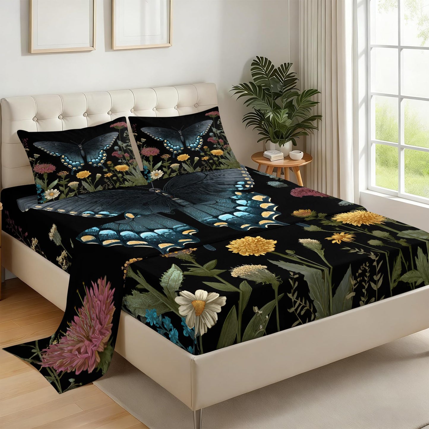 ZAOMIR Black Butterfly Sheets King for Women, Wildflower Botanical Dark Bed Sheet & Pillowcases Sets 4 Piece, Vintage Gothic Aesthetic Bedding Deep Pocket Fitted Sheet & Flat Sheet