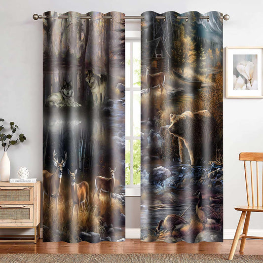 MIZSYE Rustic Lodge Curtains Wildlife Wolf Bear Elk Duck Country Style Blackout Curtain Forest River Nature Landscape Zoo Window Treatments for Bedroom Living Room 2 Panel 52x84inch CLDWMS0281