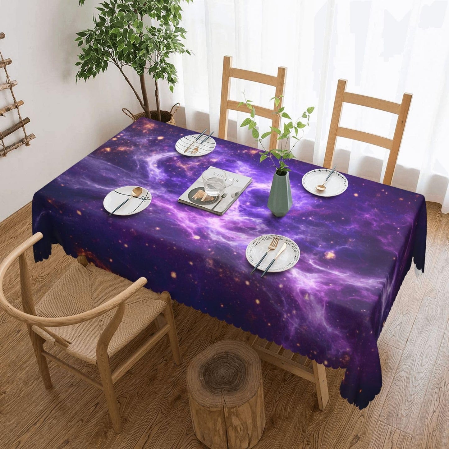 GOUROISE Galaxy Starry Night Sky Stars Rectangular Tablecloth, Galaxy Universe 54x72 Inch Wavy Lace Border Polyester Table Cloth for Dining, Kitchen, Parties
