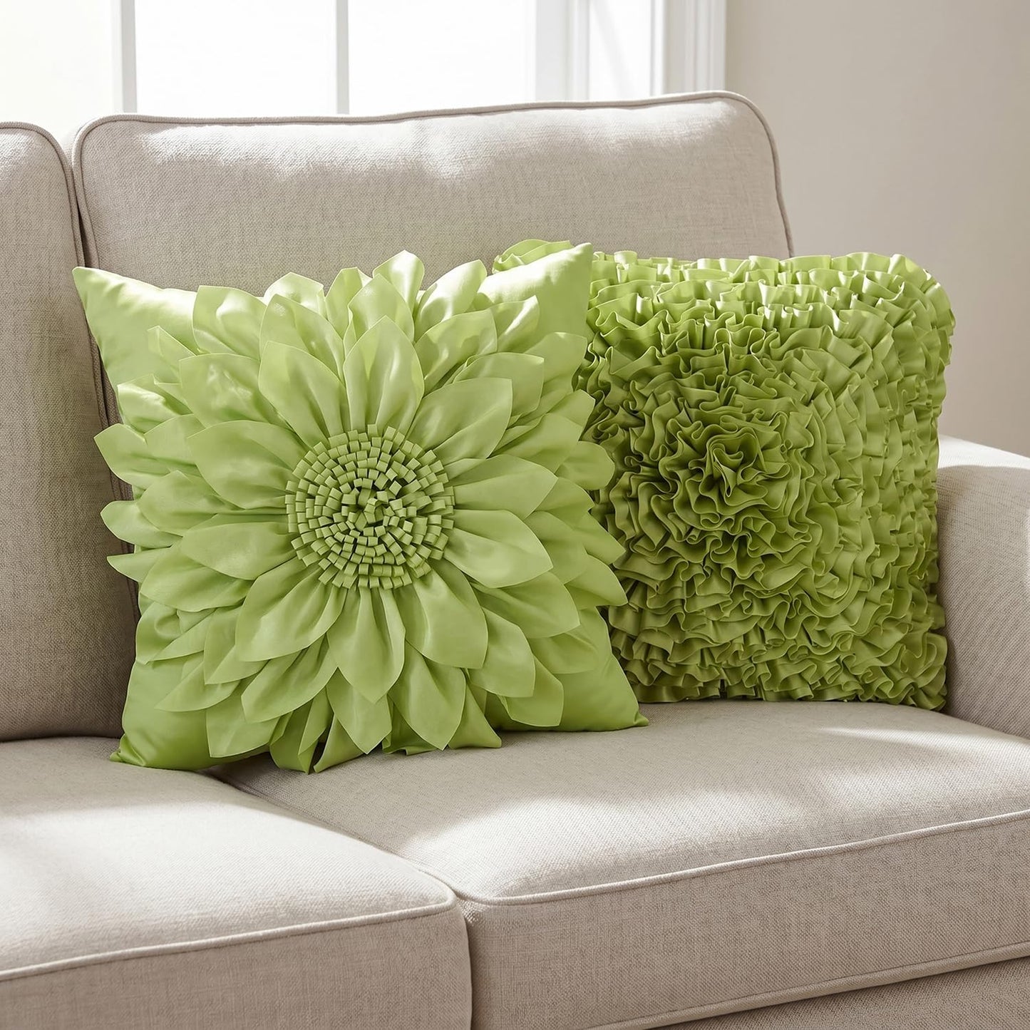 Bella's Giftshop 3D Sunflower Decorative Throw Pillow Covers for Bed Sofa Couch Chair, Accent Floral Taffeta Cushion Cover, Handmade Pillow Cases Living Room Decor, 17x17 Inch-Green/Sage