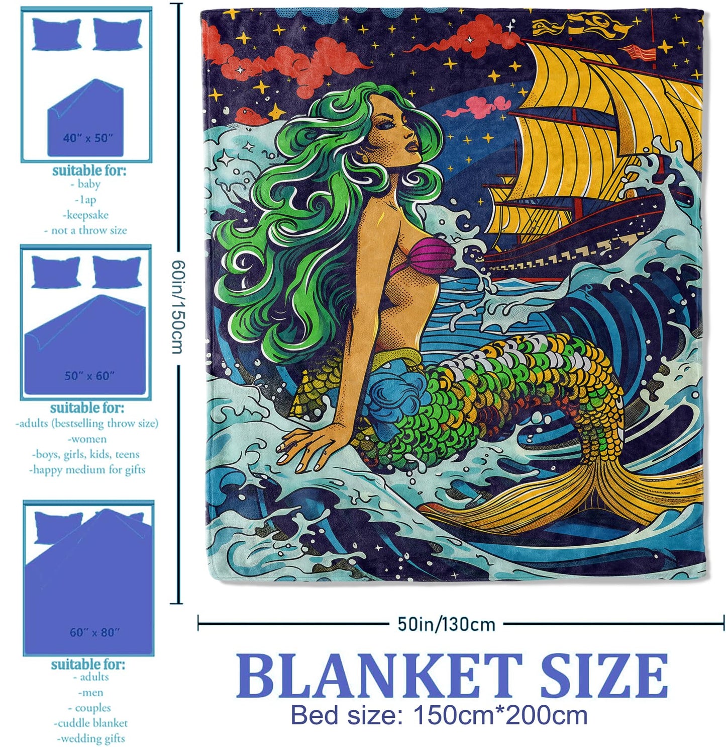 Plistiz Mermaid and Ship Throw Blanket 50x60 Inch, Nautical Blankets for Beach Home Decor, Soft Flannel Polyester Gift for Ocean Lovers