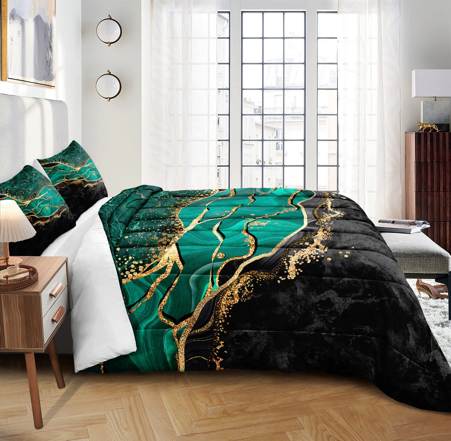 Queen Comforter Set Emerald Green, Marble Bedding Comforter Set, Metallic Foil Print Black Gold Bedding Dark Green Abstract Modern Comforter Set