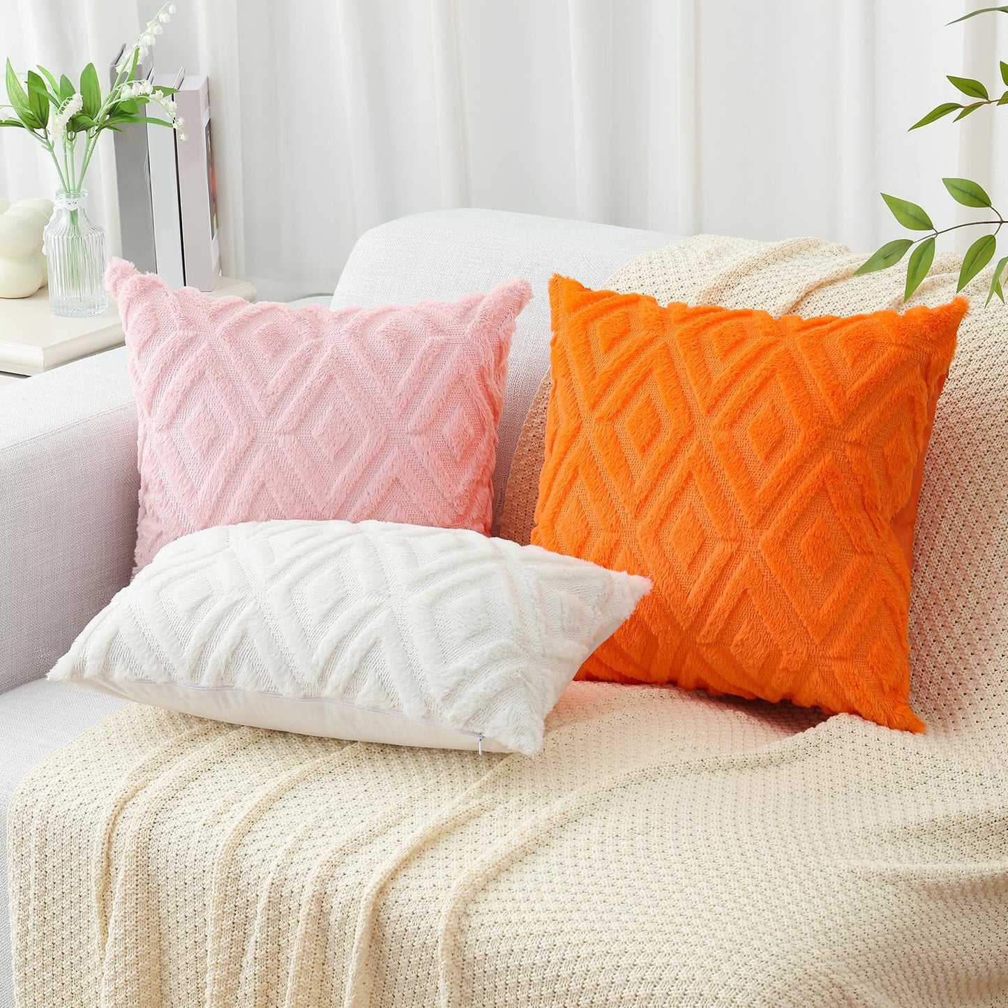 Pallene Fall Orange Throw Pillow Covers 16x16 Set of 2, Soft Plush Faux Fur Decorative Couch Pillow Covers for Sofa Bed Living Room Pillow Cases with 3D Diamond Pattern