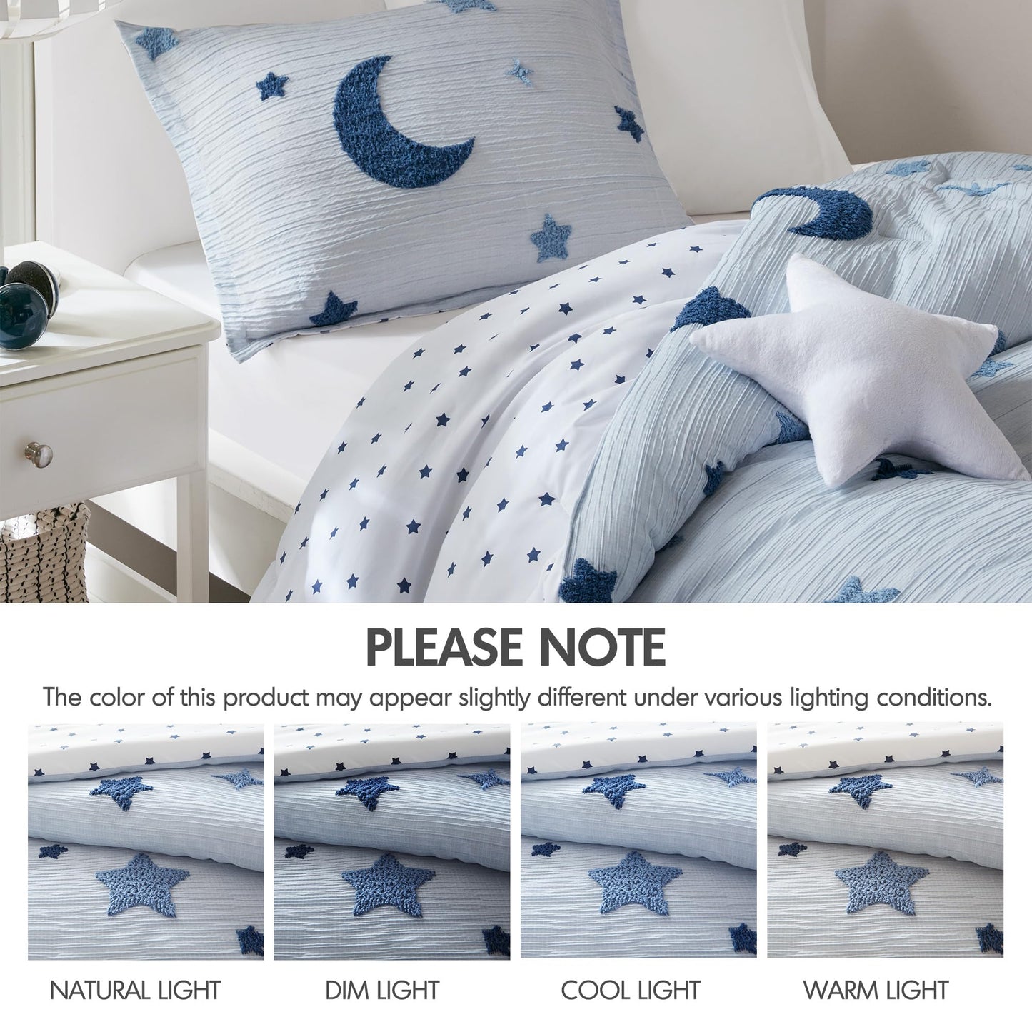 Intelligent Design Kids Cosmos Twin Size Comforter Set – Blue Star and Moon Tufted Chenille, Reversible 3-Piece Bedding with Star Pillow