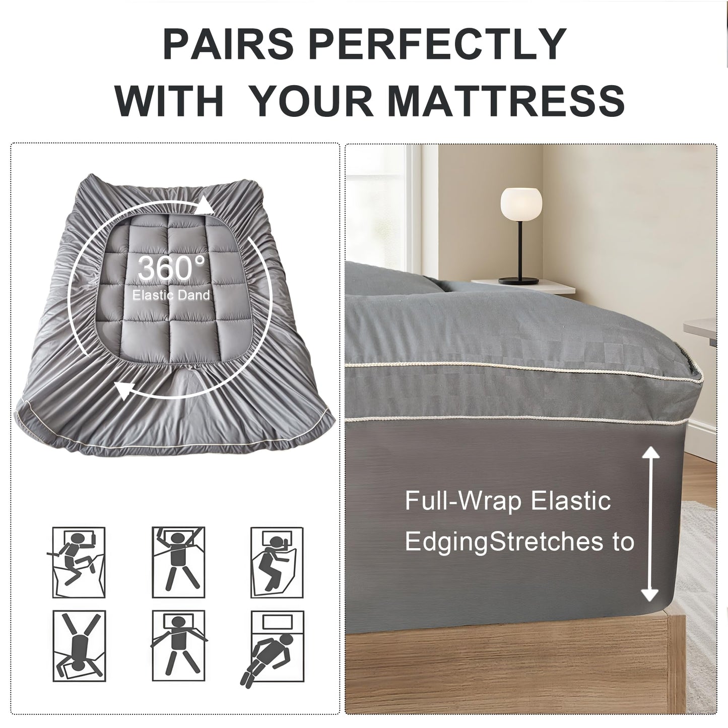 3In Memory Foam Mattress Topper Queen Size Extra Thick for Back Pain Relief, Breathable & Cool for Hot Sleepers, Soft Pillow Top with 8″-21″ Deep Pocket, Non-Slip for Adjustable Beds, Queen 60"*80"
