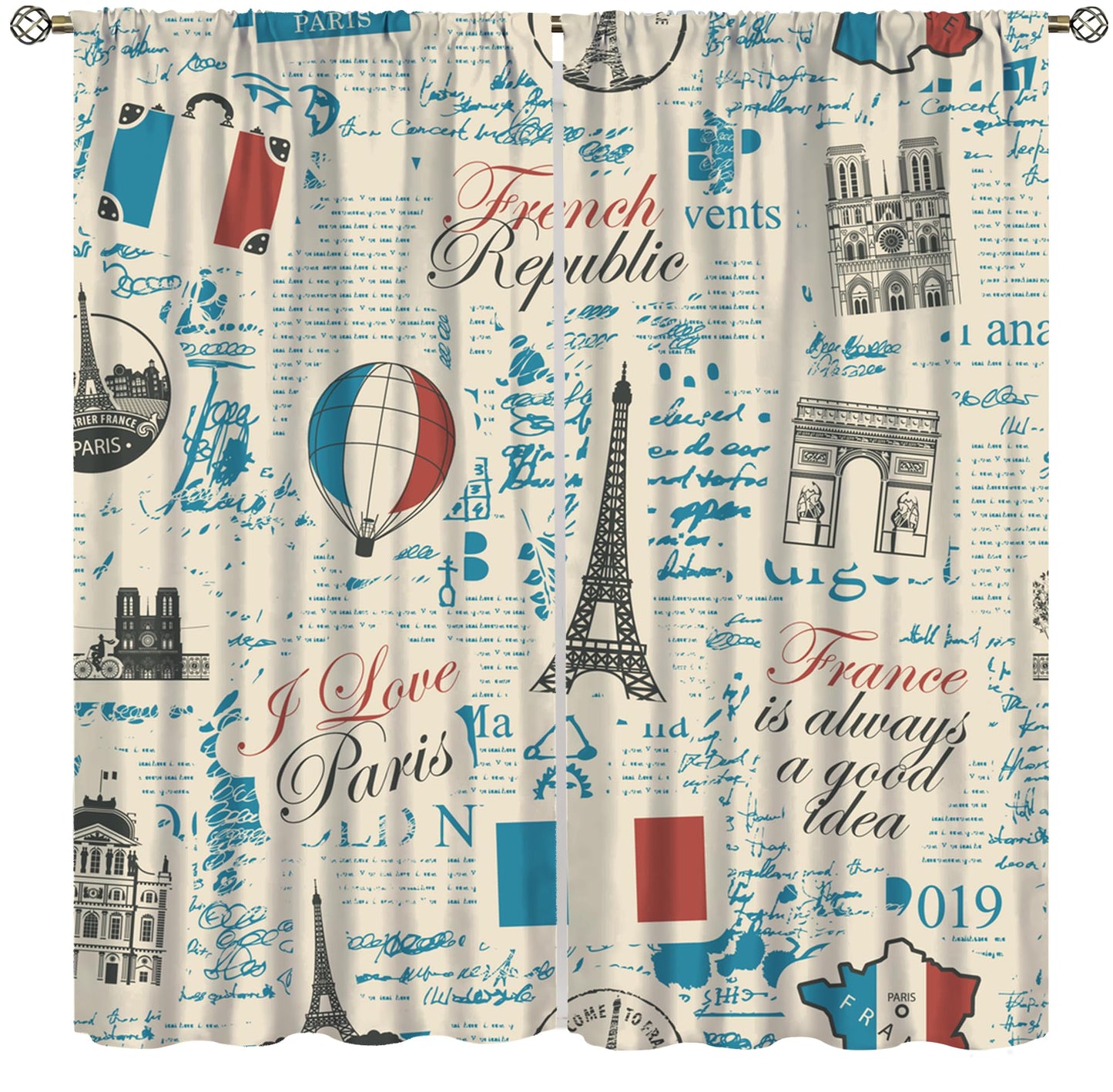 Eiffel Tower Curtains French Flag Paris Architecture Vintage Newspaper Retro Travel Pattern Rod Pocket Window Treatments Living Room Kids Bedroom 2 Panels Set 41" x 45" （No Blackout）