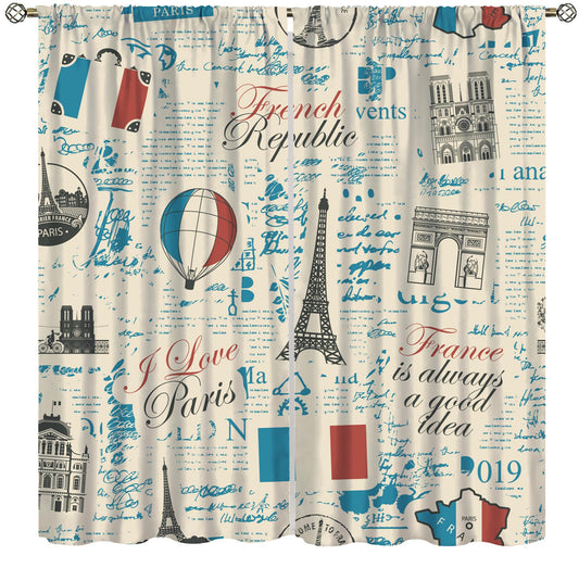 Eiffel Tower Curtains French Flag Paris Architecture Vintage Newspaper Retro Travel Pattern Rod Pocket Window Treatments Living Room Kids Bedroom 2 Panels Set 41" x 45" （No Blackout）