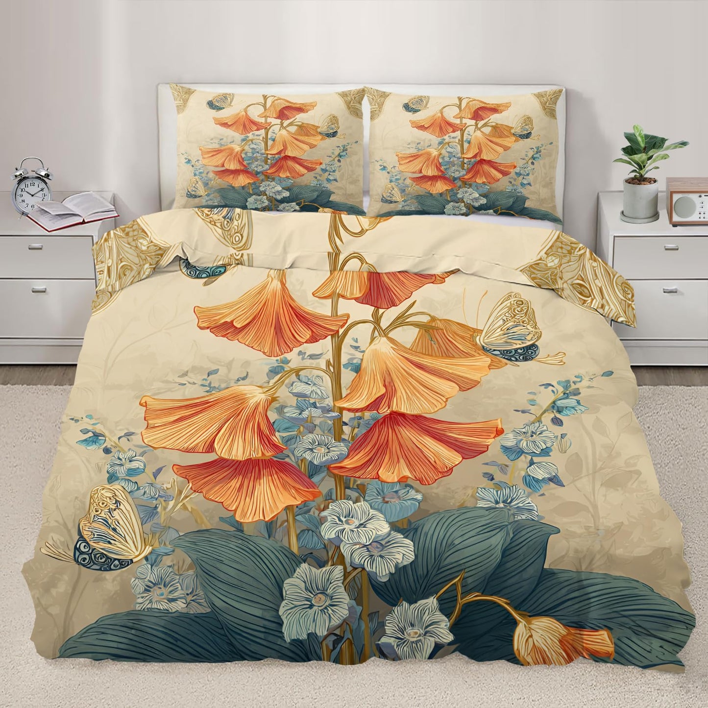 ZAMODE Floral Duvet Cover 120" x 98", Retro Botanical Bedding Set, Rustic Wildflower Comforter Cover with Zipper Ties