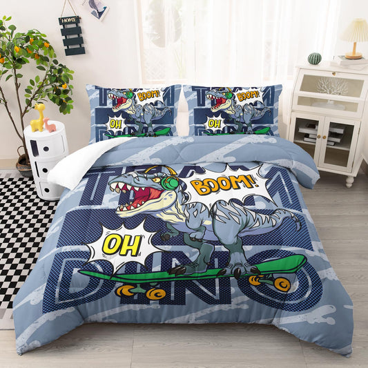 AILONEN Dinosaur Comforter Set, Twin Size, Bedding Set Decor, Music Hip Hop Dinosaur Bed in a Bag for Boys Kids - 3 Pieces Blue Comforter and 2 Pillowcases
