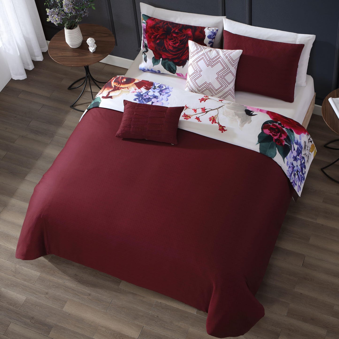 Bebejan Magenta Floral 5 Piece Comforter Set, 100% Cotton Sateen, 220 Thread Count, Red Reversible Bedding Comforter Set, 1 Comforter, 2 Shams & 2 Pillows (King/Cal King)