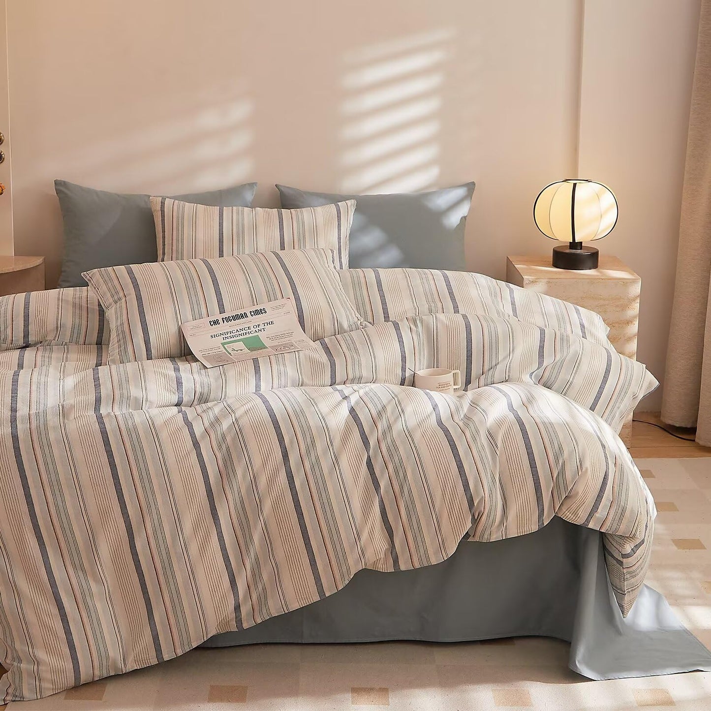 AMZTOP Soft 100 Cotton King Size Duvet Cover Set 3 Pcs,1 Duvet Cover and 2 Pillowcases,Chic Simple Blue Striped Design Bed Set,Zipper Closure Comforter Covers King Size 104"×90"