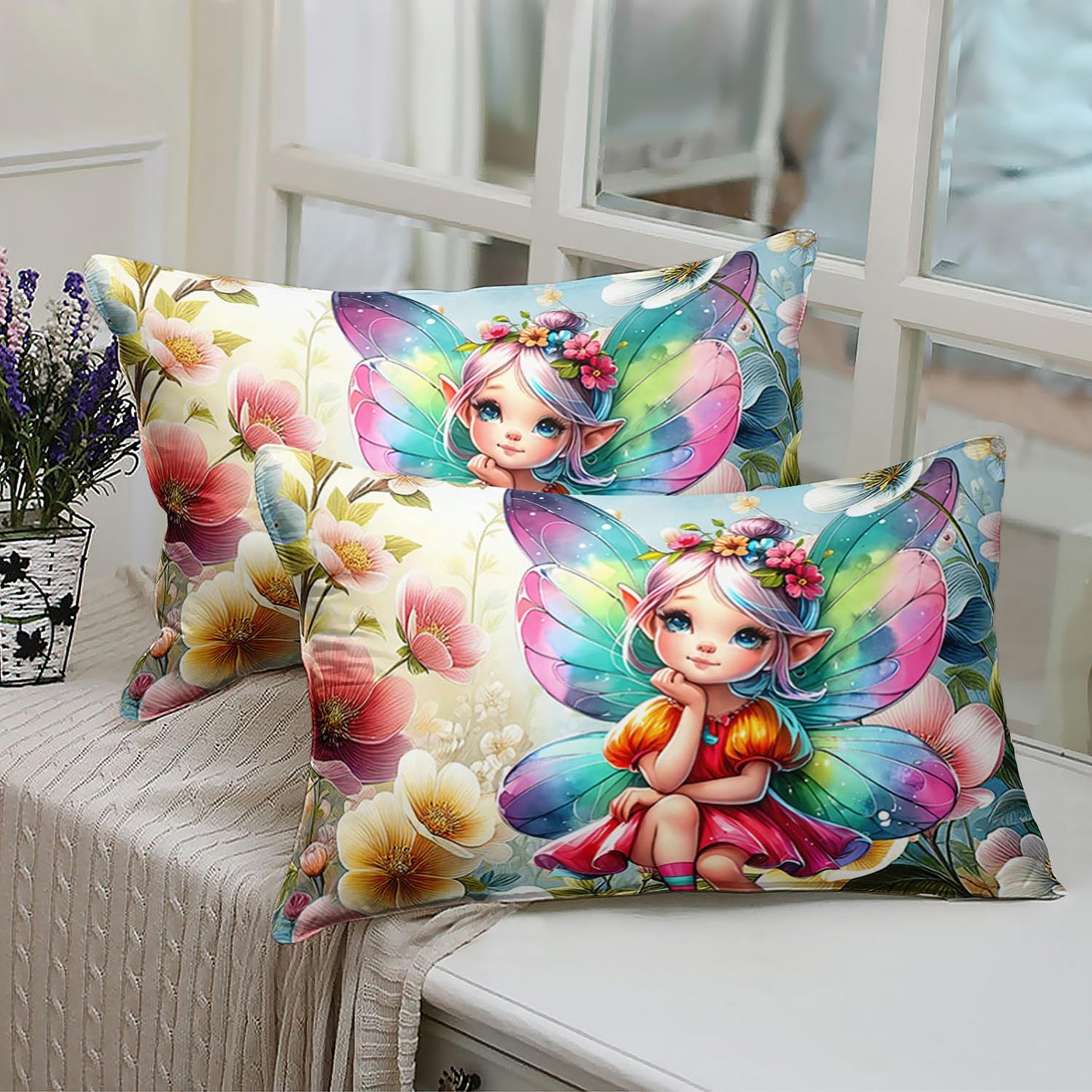 AILONEN Twin 3Pcs Beautiful Fairy Girls Fitted Sheet Set,Colorful Floral Flower Bed Sheet Set,Rainbow Butterfly Girls Sheet Set for Kids Teen,1 Fitted Sheet with 2 Pillowcases