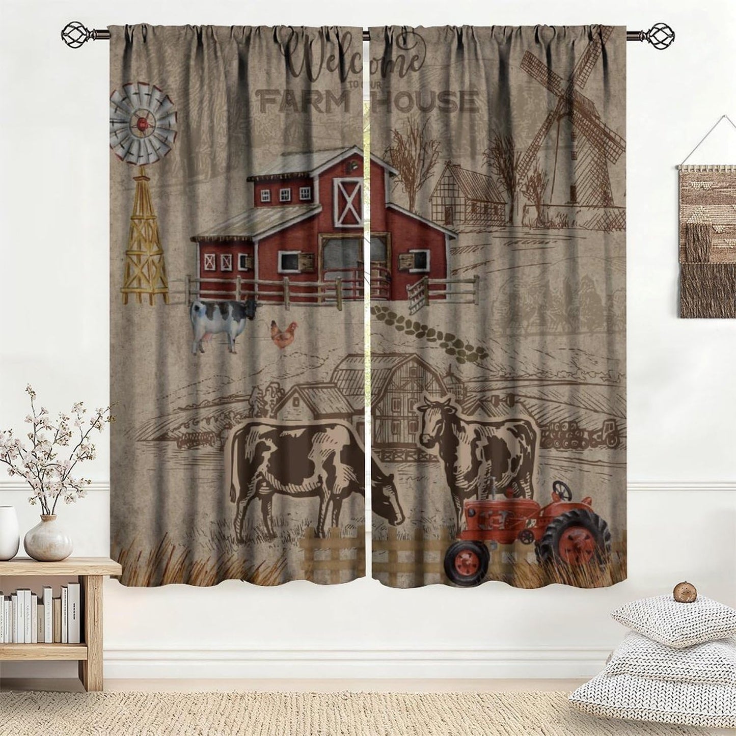 Tificats Farmhouse Cow Kitchen Curtains,Hand-Painted Vintage Red Barn Cow Rustic Tractor Windmill Welcome Sign Window Treatment for Bedroom Living Room Dining Room Cafe21 W x 45" L (Pack of 2)
