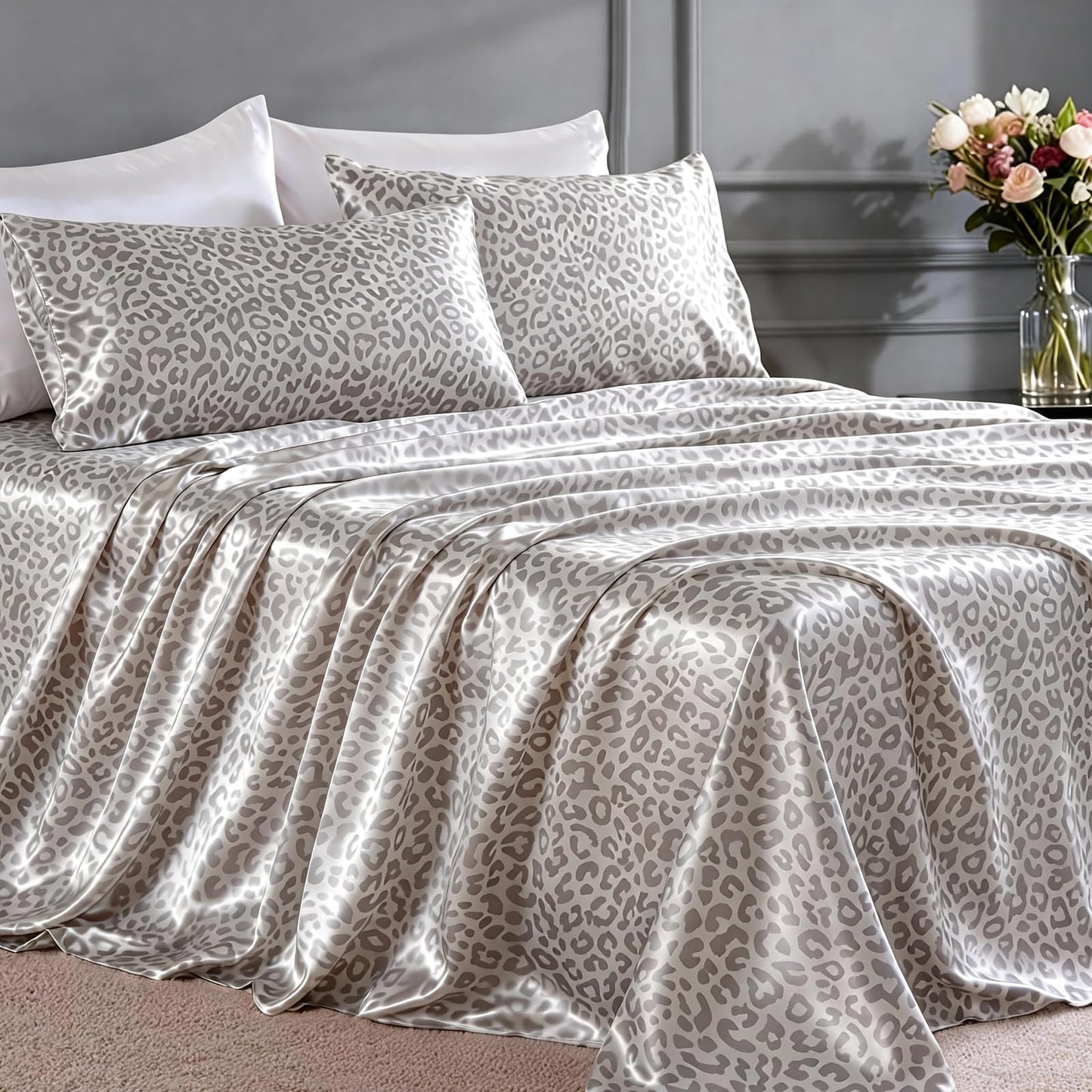 FreshCulture Satin Sheets Full Size - 4 Piece Luxury Soft Silky Full Size Bed Sheets, Similar to Silk Bed Sheet Set with 1 Deep Pocket Fitted Sheet, 1 Flat Sheet & 2 Pillowcases (Leopard)