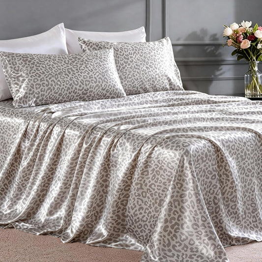FreshCulture Satin Sheets Full Size - 4 Piece Luxury Soft Silky Full Size Bed Sheets, Similar to Silk Bed Sheet Set with 1 Deep Pocket Fitted Sheet, 1 Flat Sheet & 2 Pillowcases (Leopard)