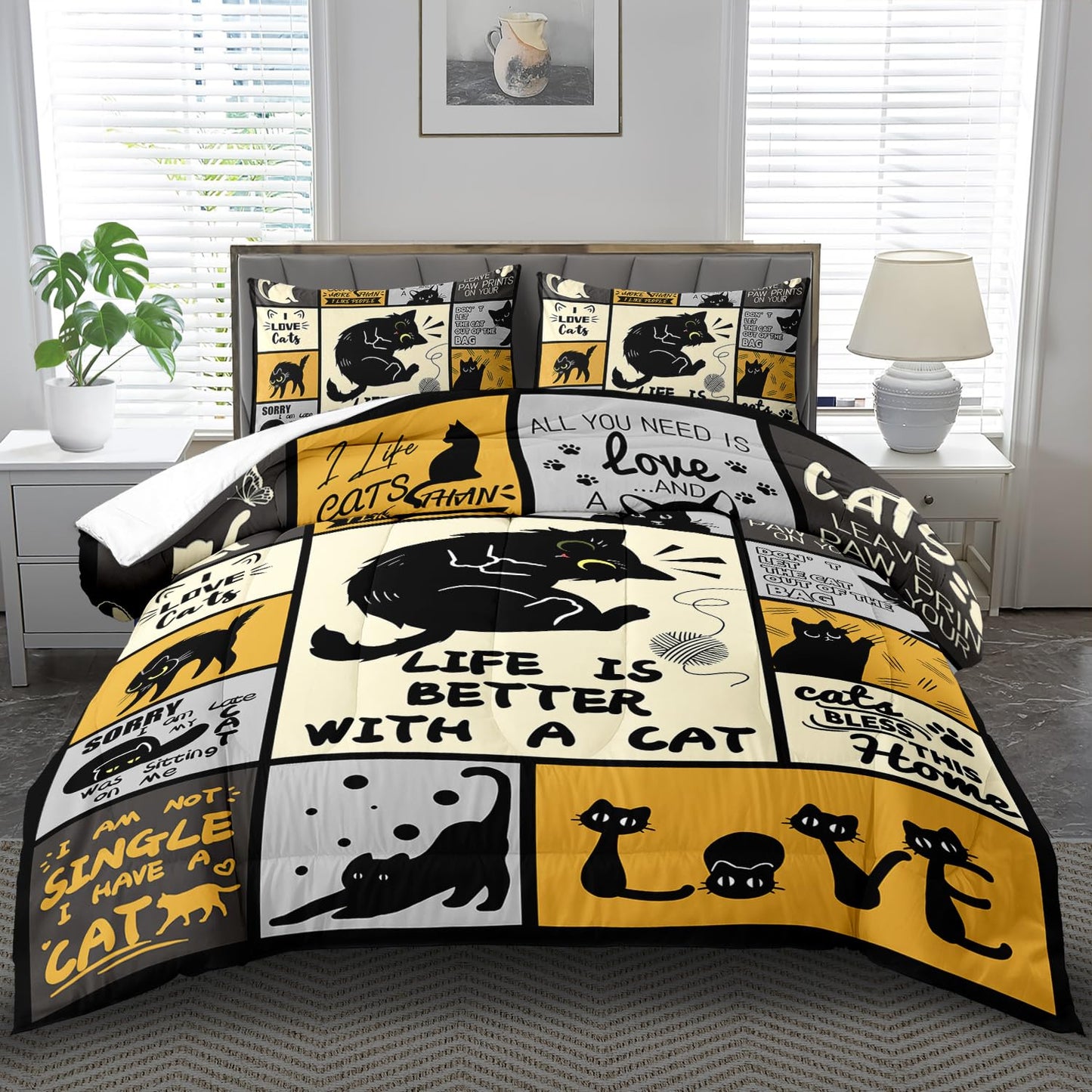 llyxsesty Halloween Black Cat Comforter Set Queen Girls Cartoon Cat Bedding Set forTeen Boys Animal Comforter Queen Quilt Cute Pet Room Decor Animal Bedding Halloween Bedroom Decor