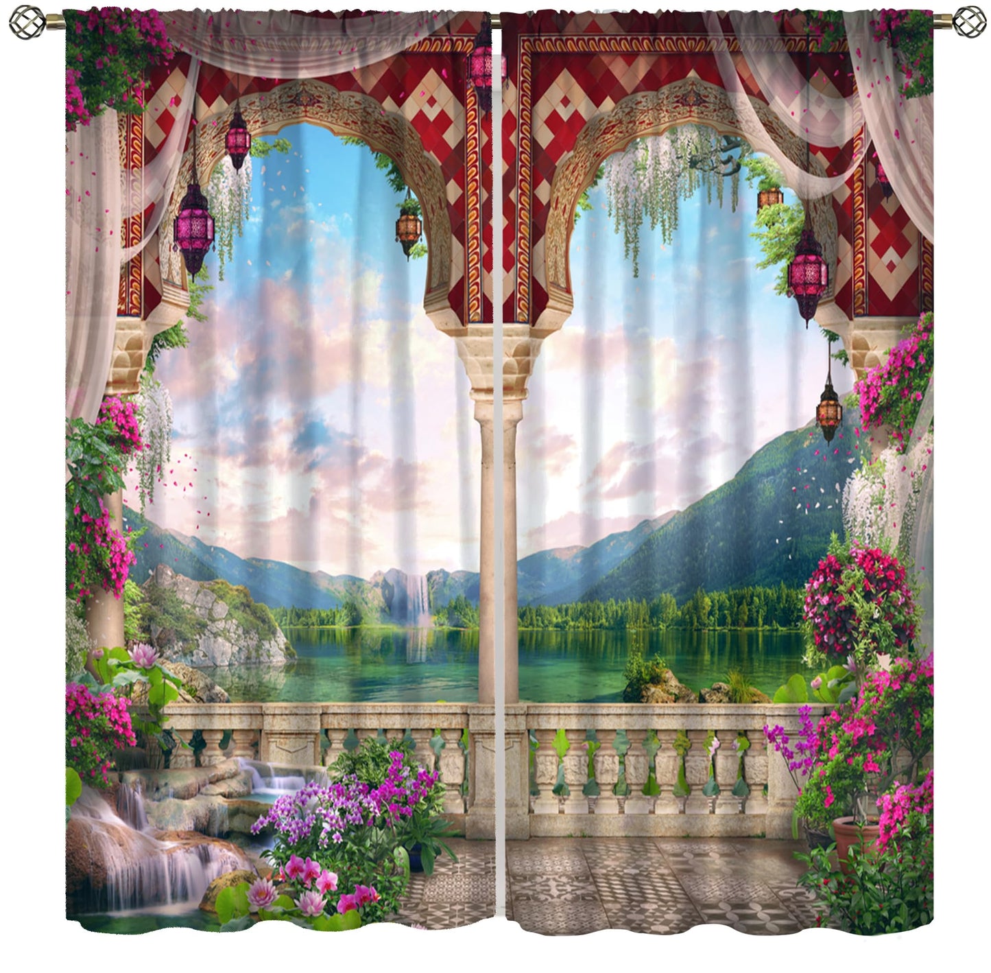 Italian Landscape Curtains for Kitchen Garden Waterfall Lake Nature Scenery Print Pattern Decorative Window Treatments for Bedroom Living Room Bathroom 41x44.5in（No Blackout）
