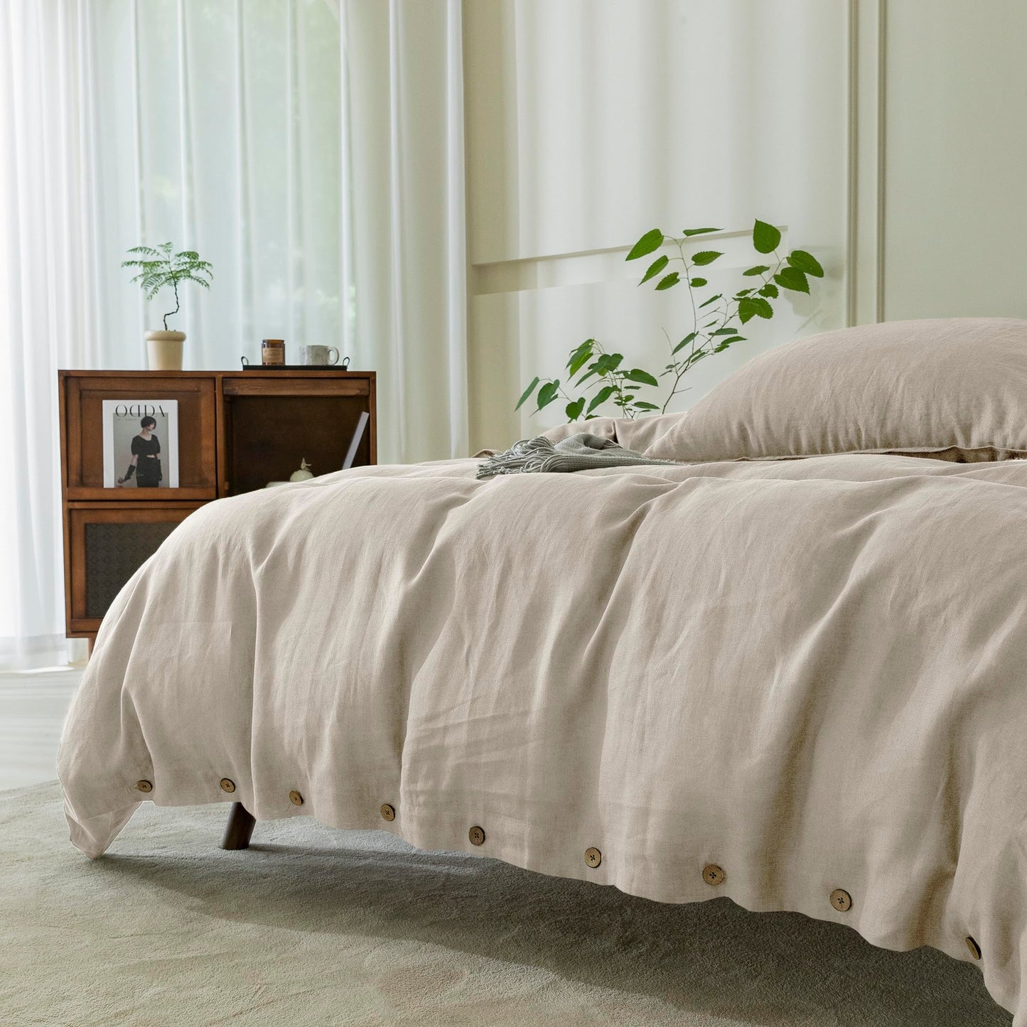 EVERLY 100% Pure Linen Duvet Cover Set Queen Size90X90Inch 3pcs (1 Duvet Cover,2 Pillowcases) Soft and Breathable for All Season with Coconut Button Closure, Suitable for Hot Sleepers-Linen-Queen