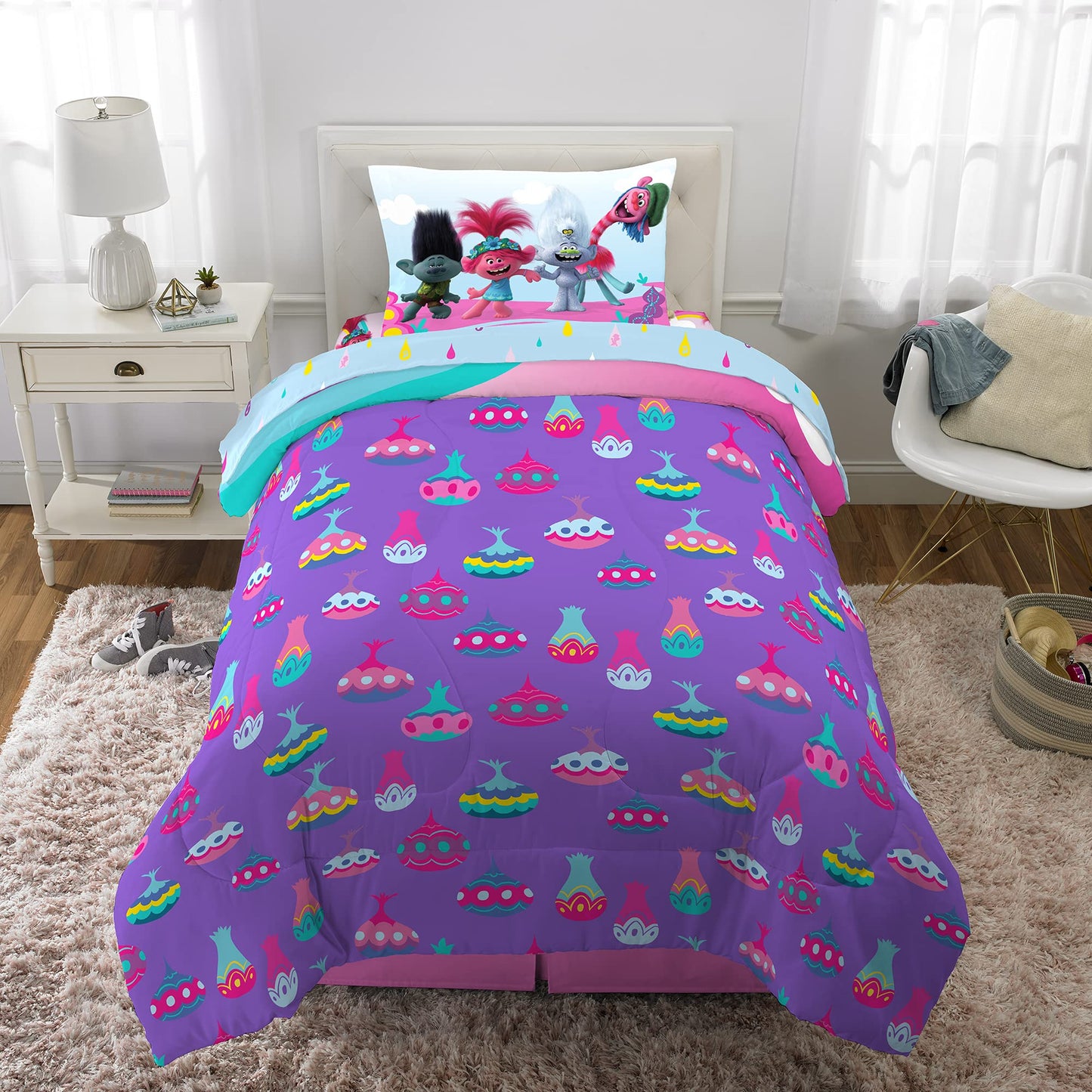 Franco Kids Bedding Super Soft Microfiber Comforter and Sheet Set, 4 Piece Twin Size, Trolls World Tour