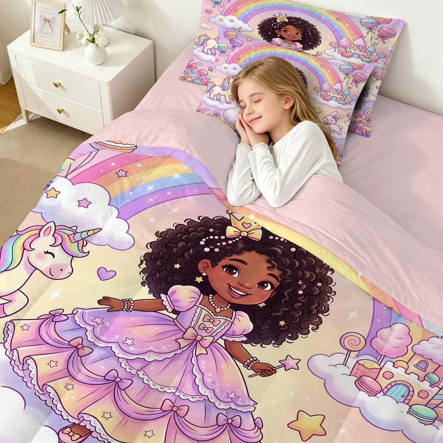FUYEUN Rainbow Princess Unicorn 7 Piece Twin Comforter Set for Girls