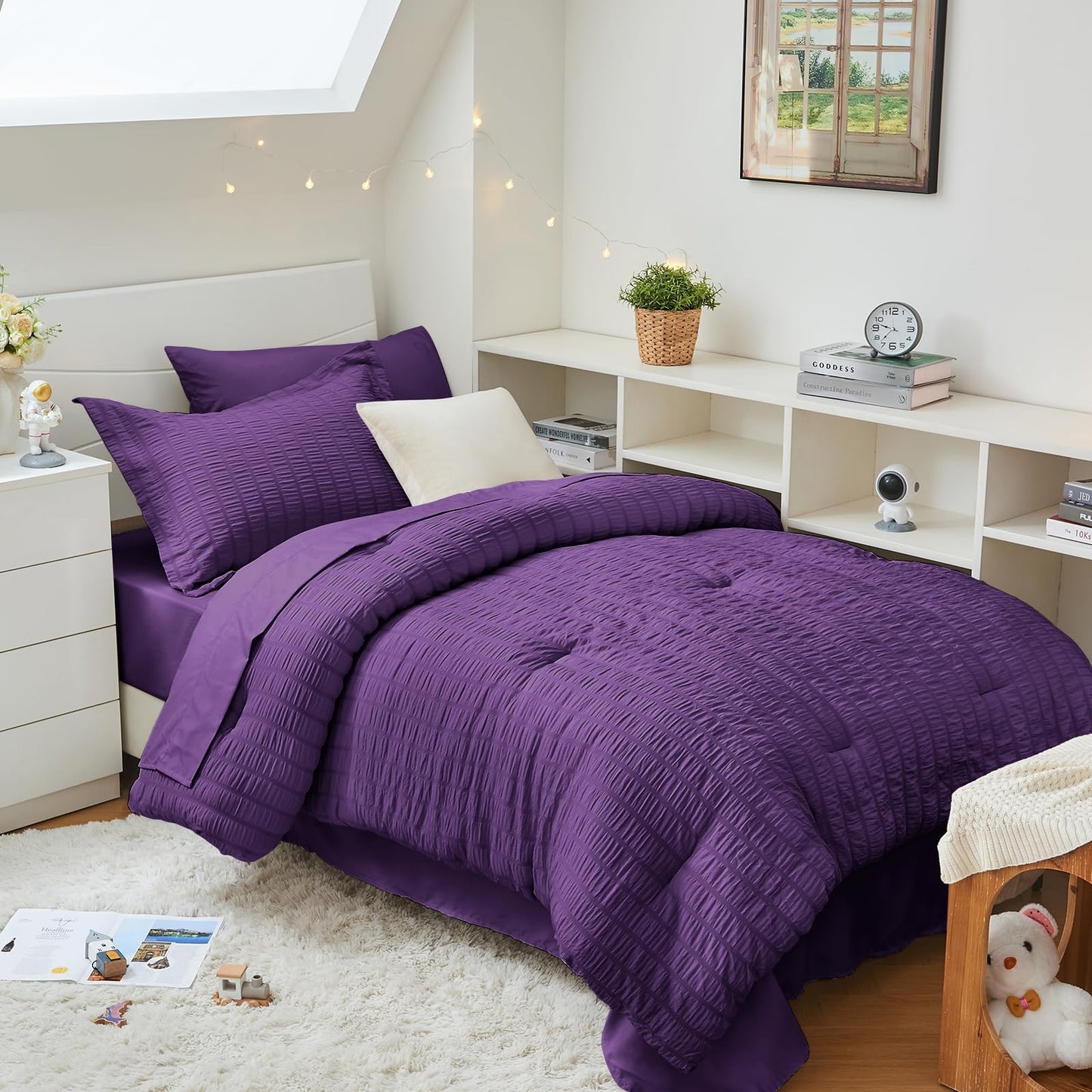 HYMOKEGE Dark Purple Twin Comforter Set Seersucker 5 Pieces, All Season Luxury Bed in a Bag for Bedroom, Bedding Set with Comforter, Sheets, Pillowcase & Sham