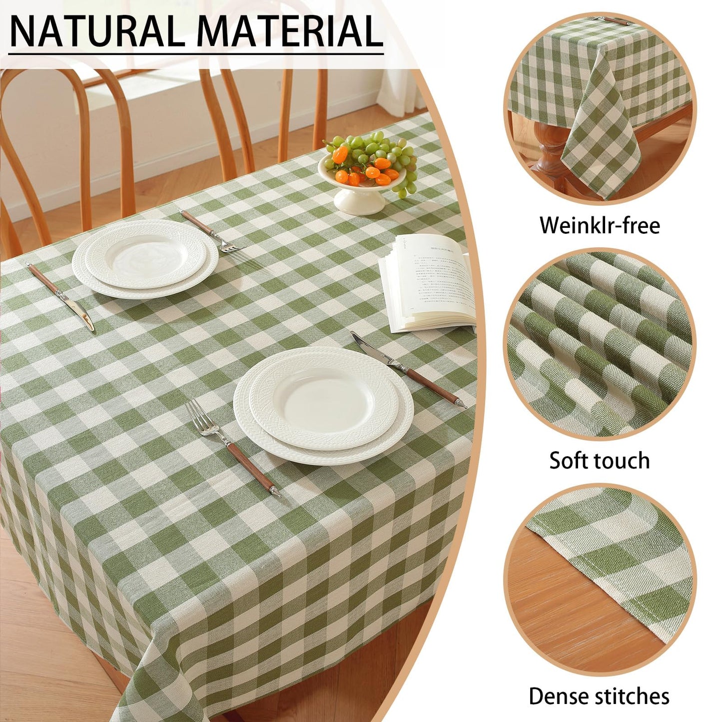 gillhov Gingham Tablecloth Rectangle Checkered Table Cloth Cotton Linen Fabric Wrinkle Free Washable Buffalo Plaid Table Cover for Kitchen Dining Picnic Camping, Green and White, 55 * 55 inch