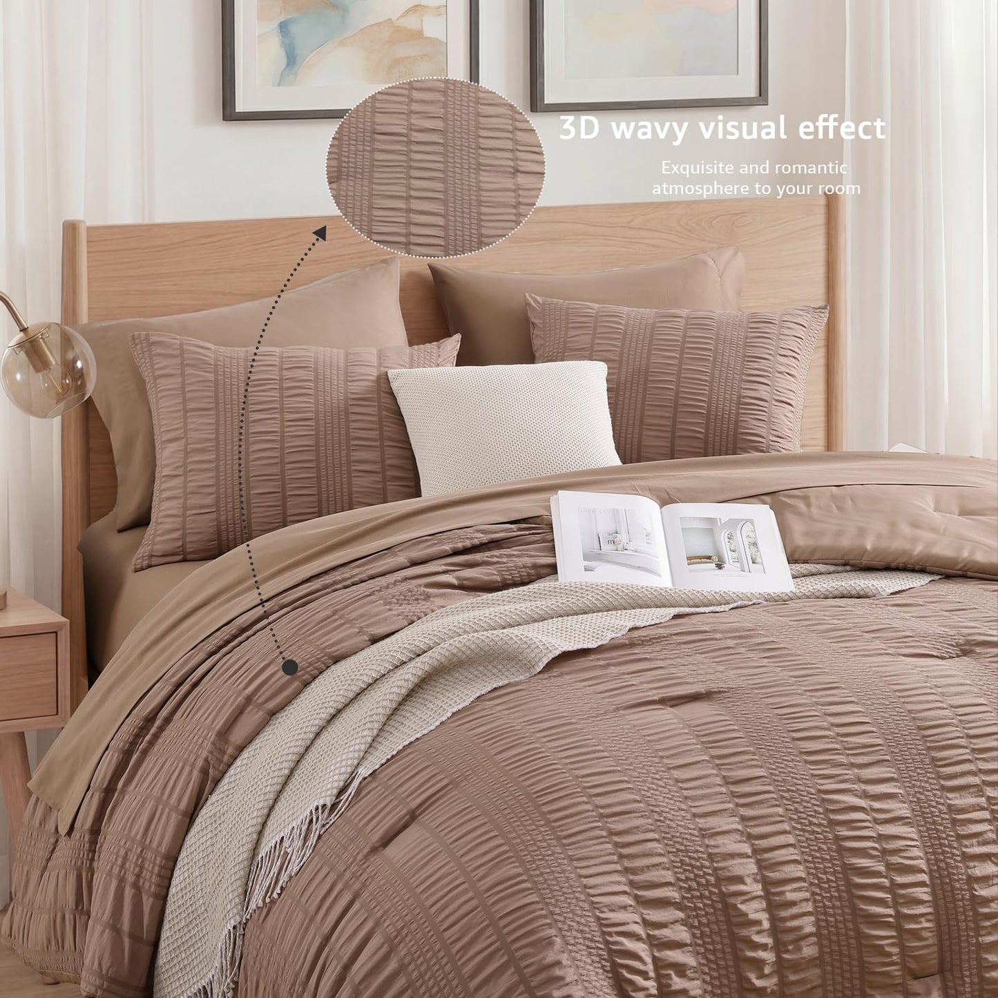 CASAAGUSTO Queen Comforter Set, 7 Pieces Brown Seersucker Bed in a Bag Queen Size Soft All Seasons, Bedding Sets with Comforter, Flat Sheet, Fitted Sheet, 2 Pillow Shams, 2 Pillowcases