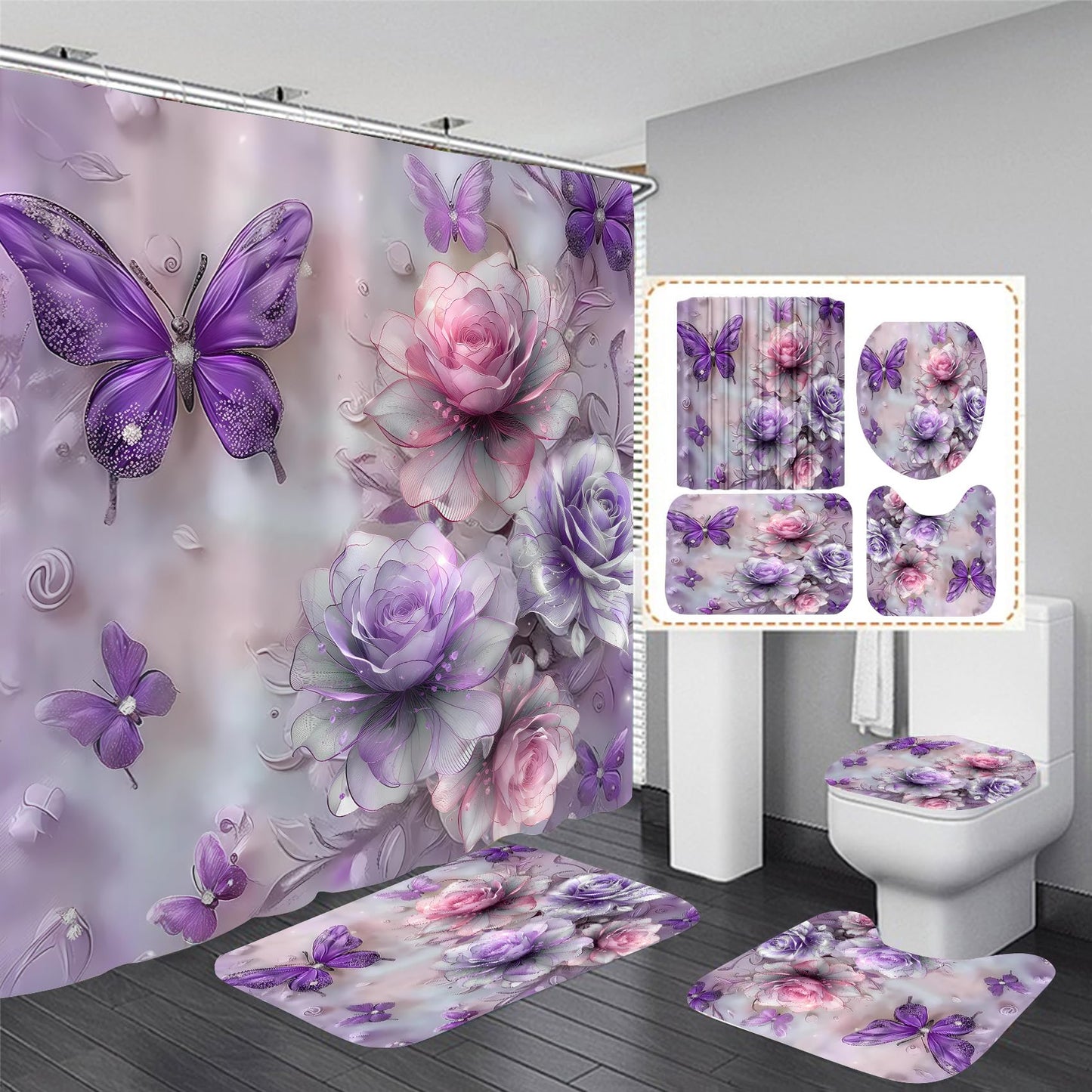 DDQQ 4Pcs Purple Glitter Floral Shower Curtain Set Bathroom Sets Butterfly Diamond Shower Curtain with 12 Hooks Bathroom Decor with Rugs Bath Accessories with Mats Toilet Lid Cover