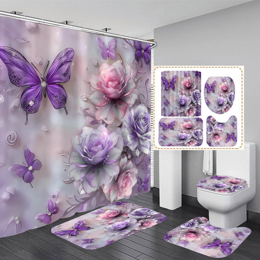 DDQQ 4Pcs Purple Glitter Floral Shower Curtain Set Bathroom Sets Butterfly Diamond Shower Curtain with 12 Hooks Bathroom Decor with Rugs Bath Accessories with Mats Toilet Lid Cover