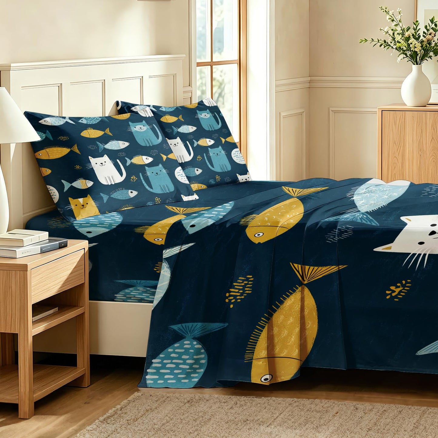 Cat and Fish Twin Bedding Set Kids Kitten Sheet Sets, Blue