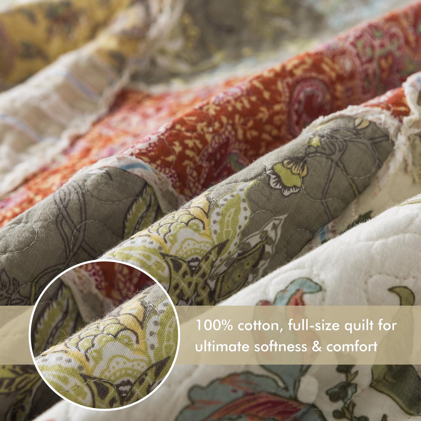 Etwel Patchwork Quilt Set Queen Size, 100% Cotton Bedspread, Reversible Lightweight Comforter Set with 2 Pillow Shams for All Seasons, Floragrid Beige, Queen Size 90"x90"