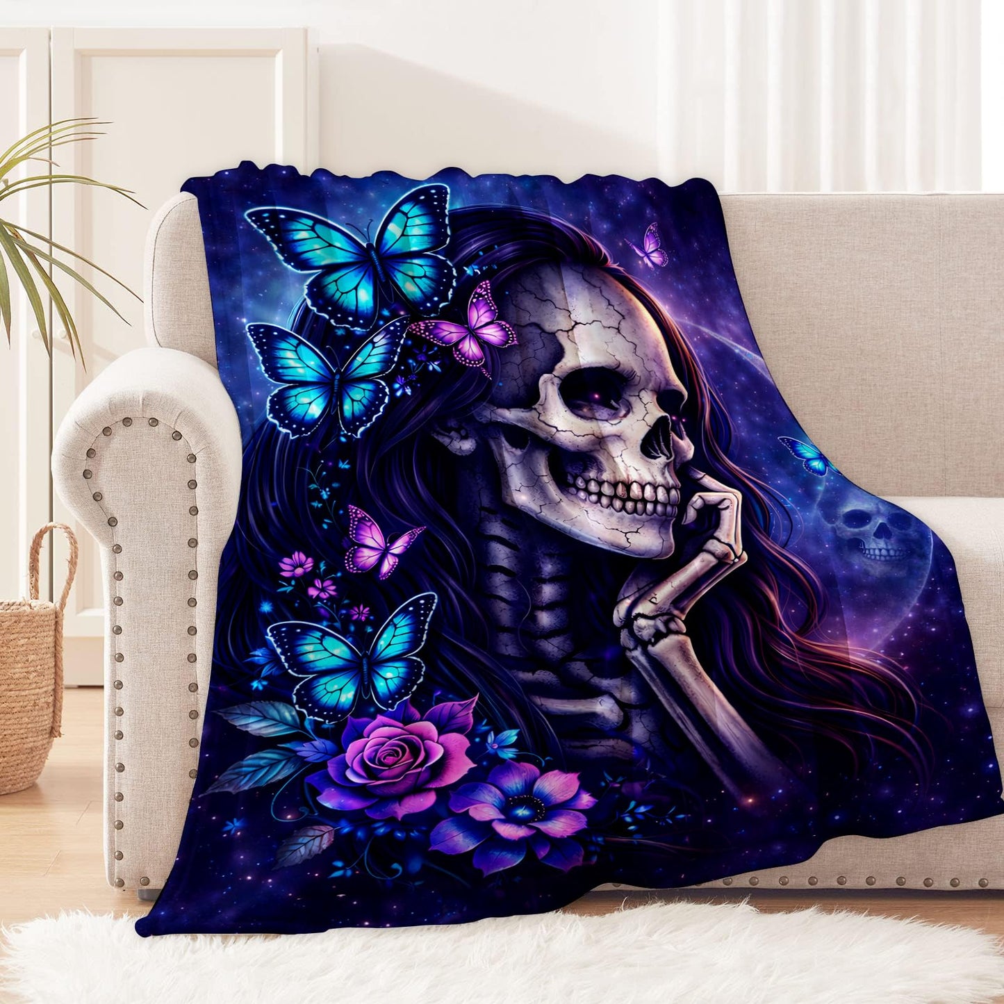 cromcu Gothic Skull Butterfly Flannel Blanket, 60" x 50", Soft Warm Cozy Decorative Throw with Floral Skeleton and Moon, for Women Goth Lovers, Sofa Couch Bed Living Room Bedroom