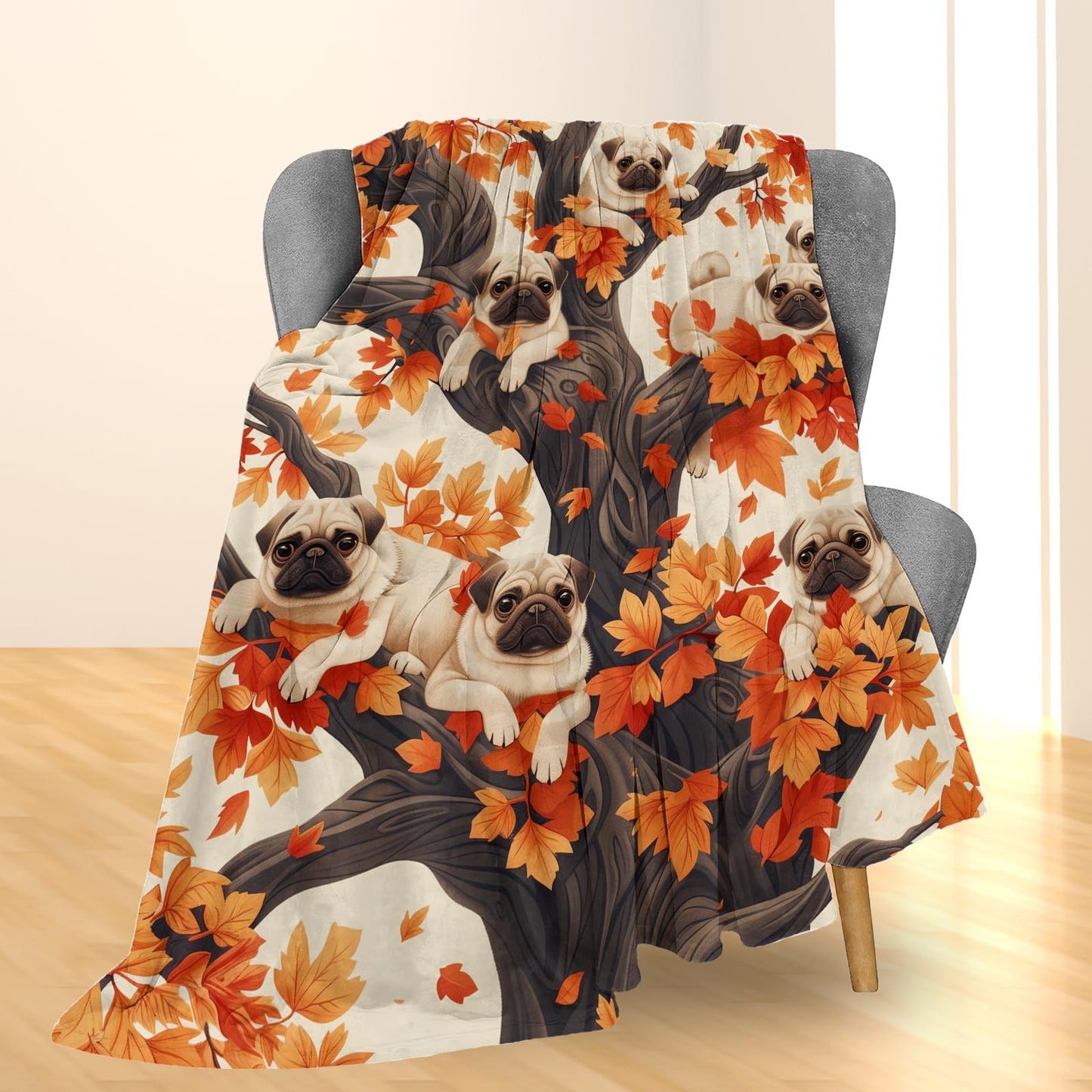Ti Caldi Adorable Pugs in Autumn Tree Blanket - Soft Lightweight Cozy Flannel Throw Blanket for Adults Kids Women Men, Warm Fuzzy Blankets for Couch, Bed, Travel, Home Decor, Living Room 60×50 in