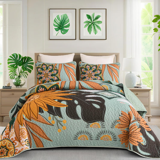DJY Boho Floral Quilt Set Queen Size Sage Green Bedspread Coverlet Botanical Farmhouse 3 Piece Quilt Bedding Set, Reversible Microfiber Bed Cover for All Season, 90''x96''