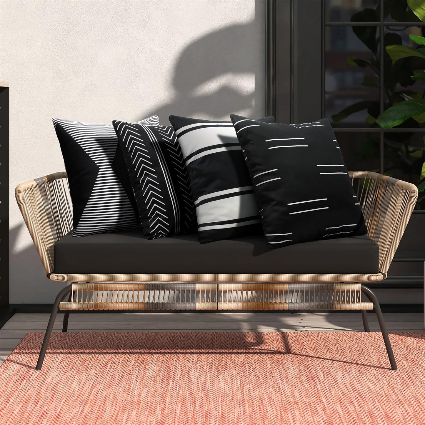 Adabana Outdoor Waterproof Pillow Covers 18x18 Inch Set of 4 Black and White Modern Geometric Throw Pillows Cover Decorative Boho Pillow Covers for Patio Garden Porch