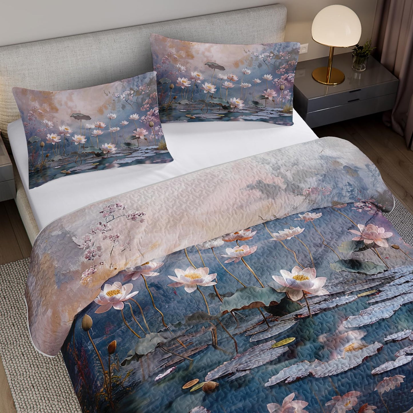 AILONEN King Quilted Comforter 3-Piece Set, Aesthetic Lotus Pond Bedspread Coverlet with 2 Pillowcases, Soft Zen Painting Bedding for Adults Luxury Suite Large Size Floral Impressionist