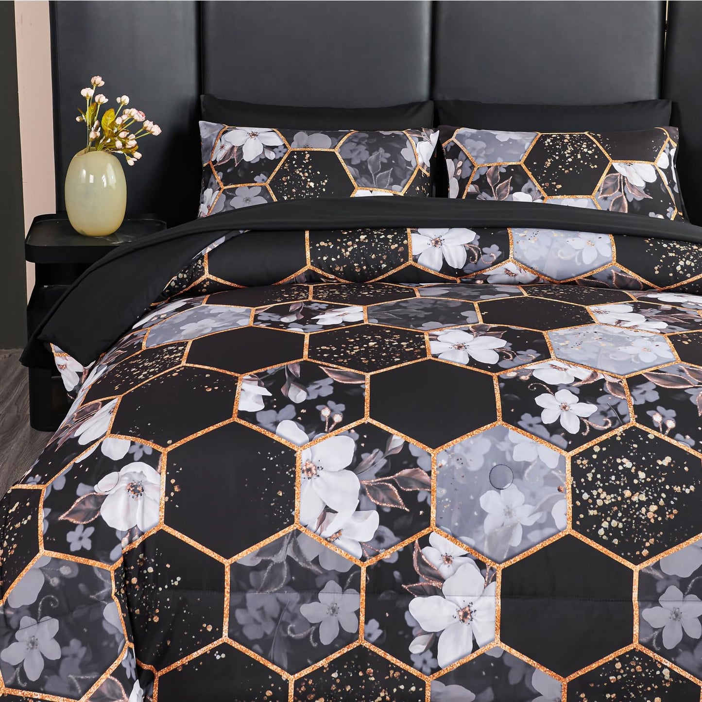 ANGIYUIN Black Gold Full Comforter Sets Floral Print Bedding Sets 7 Pieces Marble Bed in A Bag with Sheets White Flowers Bedding Comforter Sets for Women Men