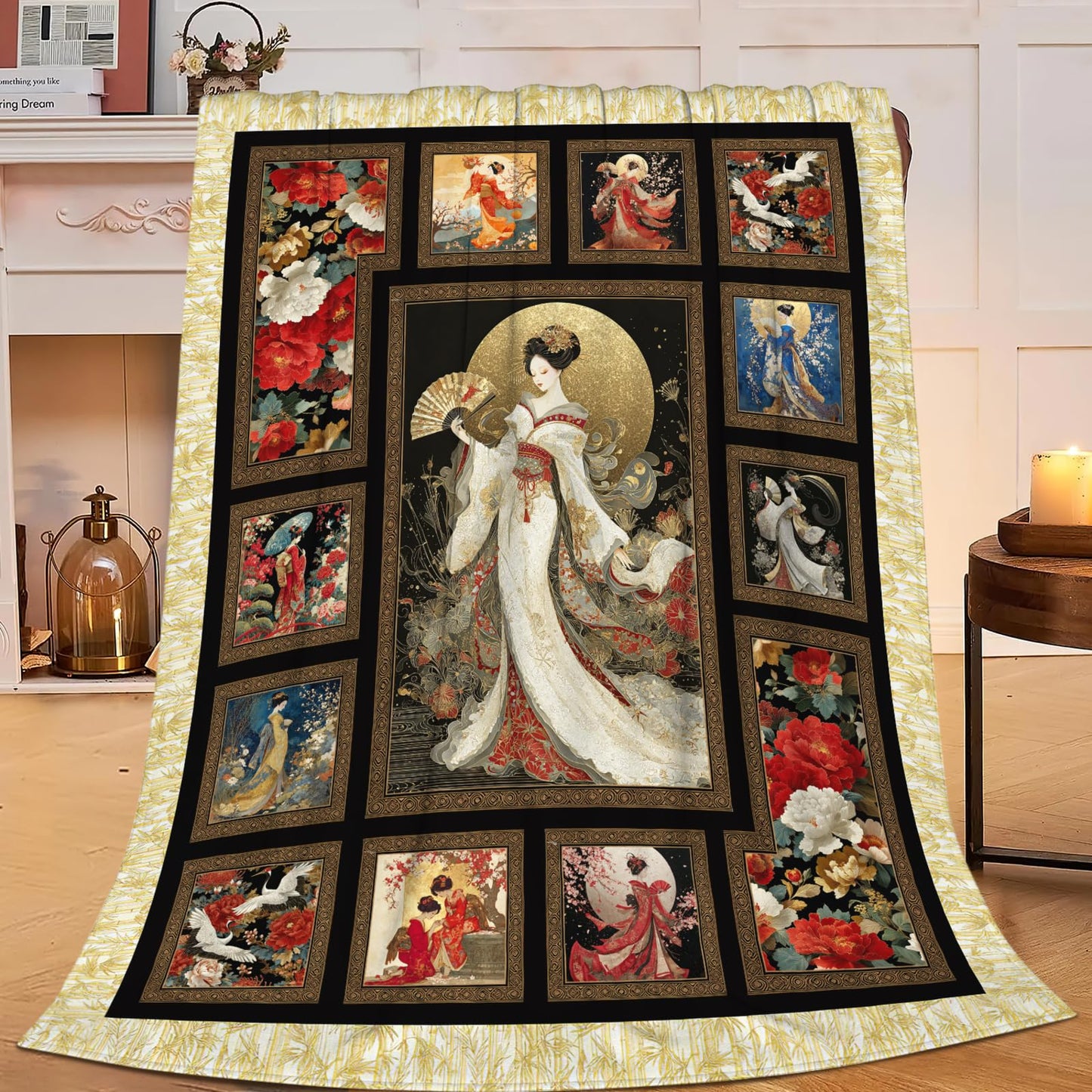 Japanese Gifts for Women, Japan Geisha Girls Flannel Throw Blanket, Cozy Fleece Soft Stuff Blankets Gift for Girls Couch Sofa Bed 50" x 40"