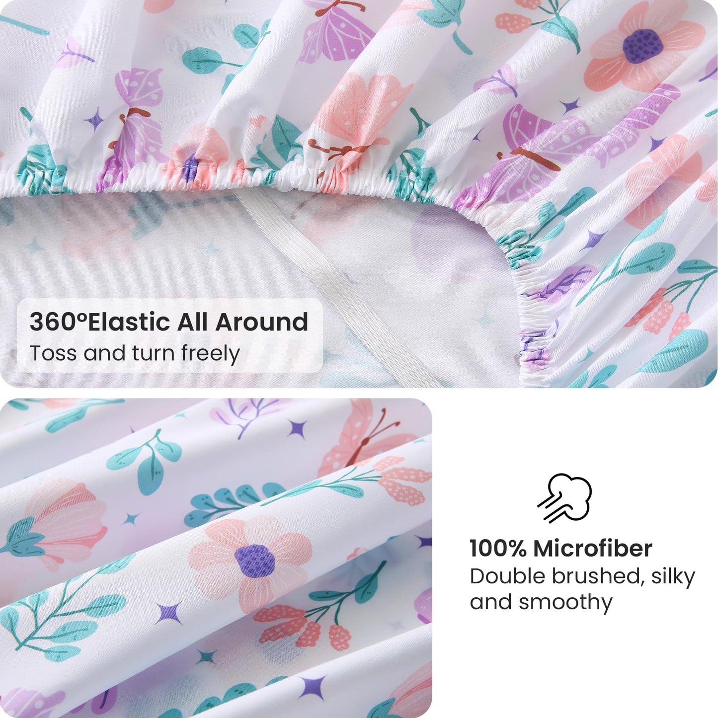 Viviland Floral Twin Sheet Set - 3 Piece Pink-Purple Butterfly & Flower Botanical Patterned Bed Sheets - Soft, Breathable Microfiber Sheets with Deep Pocket, Non-Slip Fitted Sheets & Pillowcases