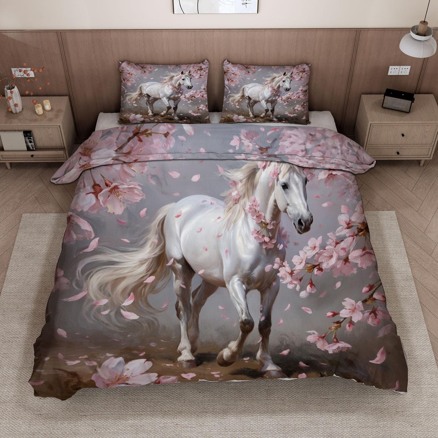3D Horse Duvet Cover King Size 104x90in Soft Breathable Microfiber Cherry Blossoms Bedding Set Zipper Closure Reversible Comforter Cover 3 Pieces with 2 Pillow Shams (WJT 23-10)
