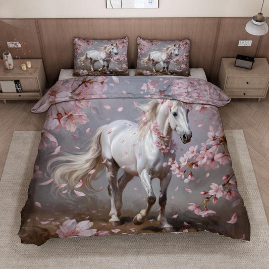 3D Horse Duvet Cover King Size 104x90in Soft Breathable Microfiber Cherry Blossoms Bedding Set Zipper Closure Reversible Comforter Cover 3 Pieces with 2 Pillow Shams (WJT 23-10)
