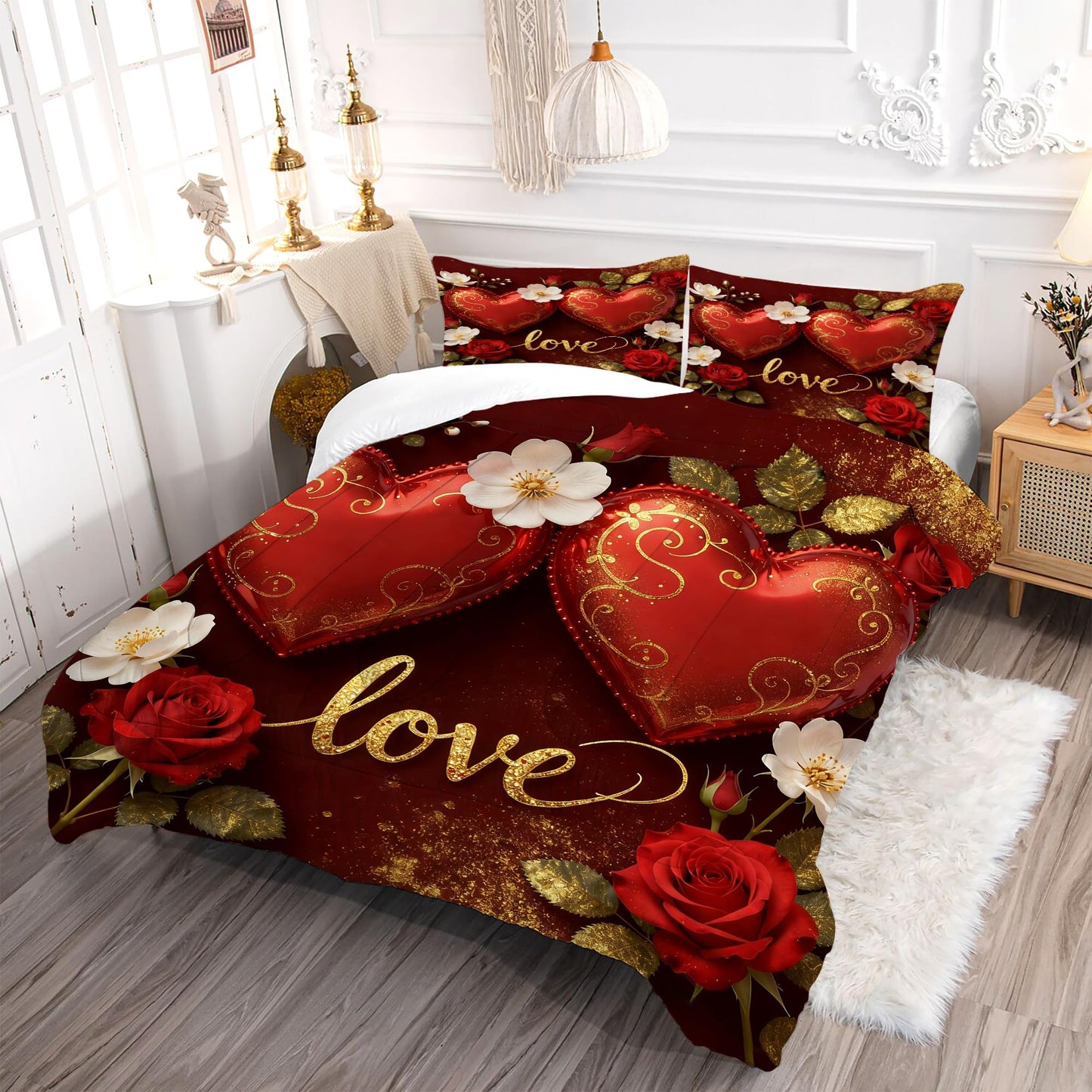 VTKON Love Heart Bedding Set Queen Size 3 Piece Romantic Red Rose Comforter Set for Women Golden Glitter Love Bed Sets Valentine's Day Duvet with 1 Comforter 2 Pillow Cases