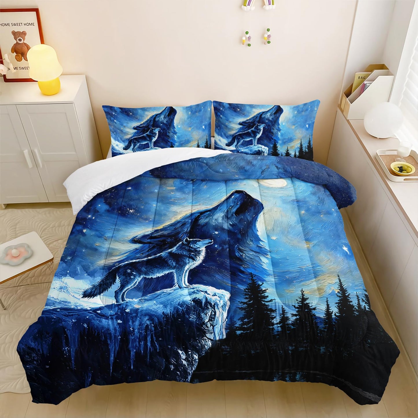 lneffble Wolf Comforter Set Twin for Boys Girls,Howling Wolves Night Moon Comforter Mountain Forest Wolf Bed Set,Wild Animals Quilt Set for Adults Kids Bedroom Decor,All Seasons