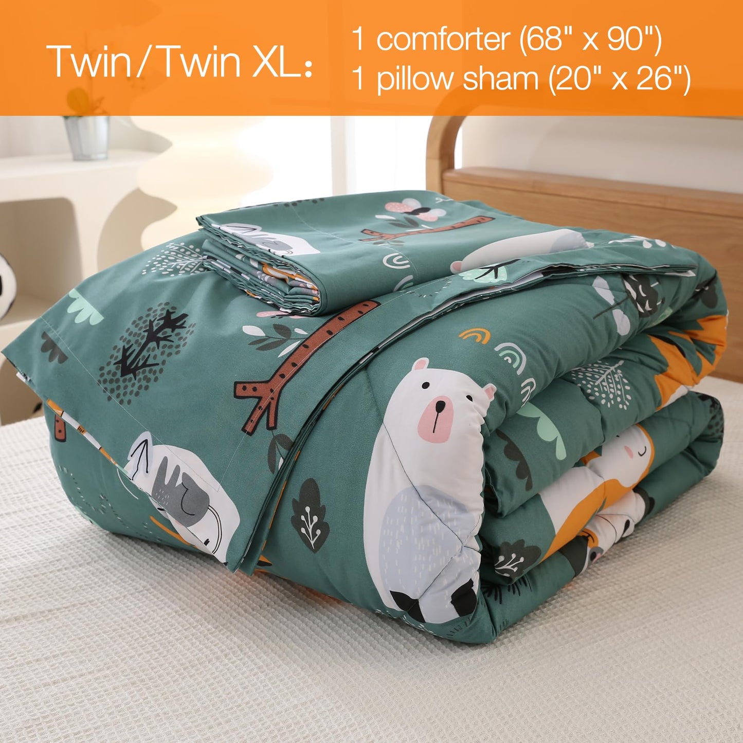 JSD Green Forest Animals Kids Comforter Set Twin Size, 2 Piece Woodland Printed Microfiber Bedding Set, Machine Washable
