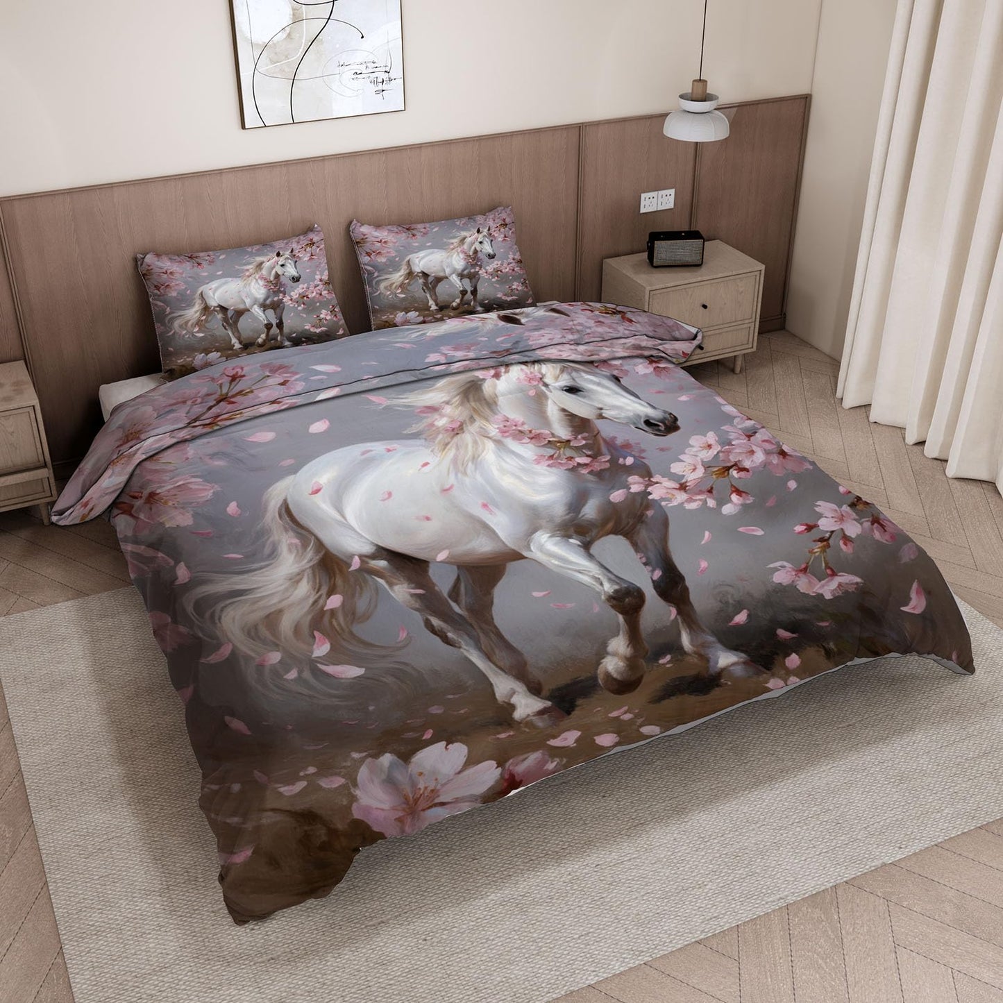 3D Horse Duvet Cover King Size 104x90in Soft Breathable Microfiber Cherry Blossoms Bedding Set Zipper Closure Reversible Comforter Cover 3 Pieces with 2 Pillow Shams (WJT 23-10)