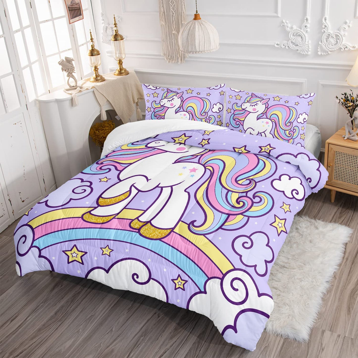 Axolotl Rainbow Unicorn Bedding Set Twin,Purple Unicorn Kids Comforter Sets with Stars Cloud for Girls,1 Quilt with 2 Pillowcases for Girls Kids Teens Children Adults Bedroom Decor All Season