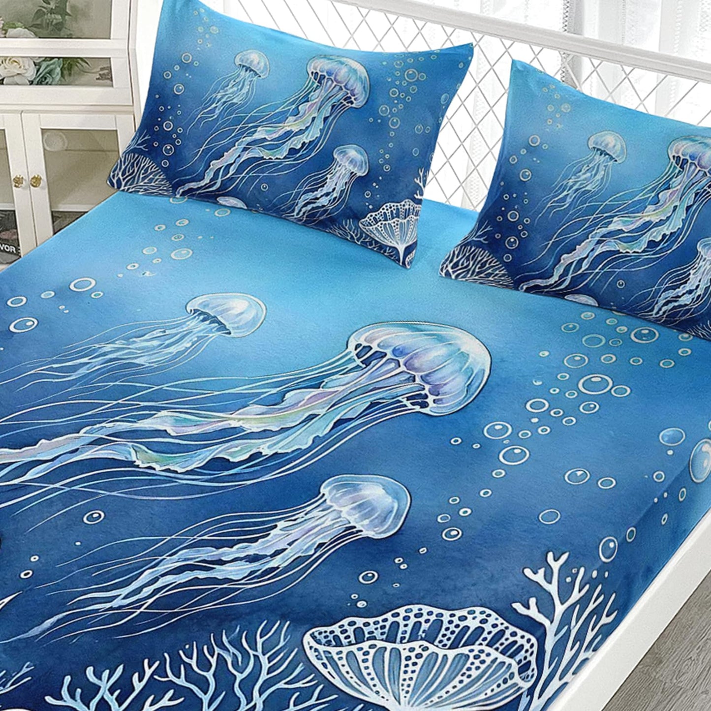 AILONEN Aqua Jellyfish Twin Fitted Sheet Set 3 Piece, White Coral Pattern with 2 Pillowcases, 16 Inch Deep Pocket, Kids Room